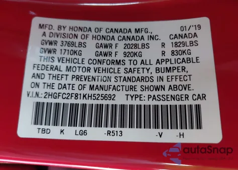 2019 Honda Civic Sport z USA, uszkodzony, nr VIN 2HGFC2F81KH525692